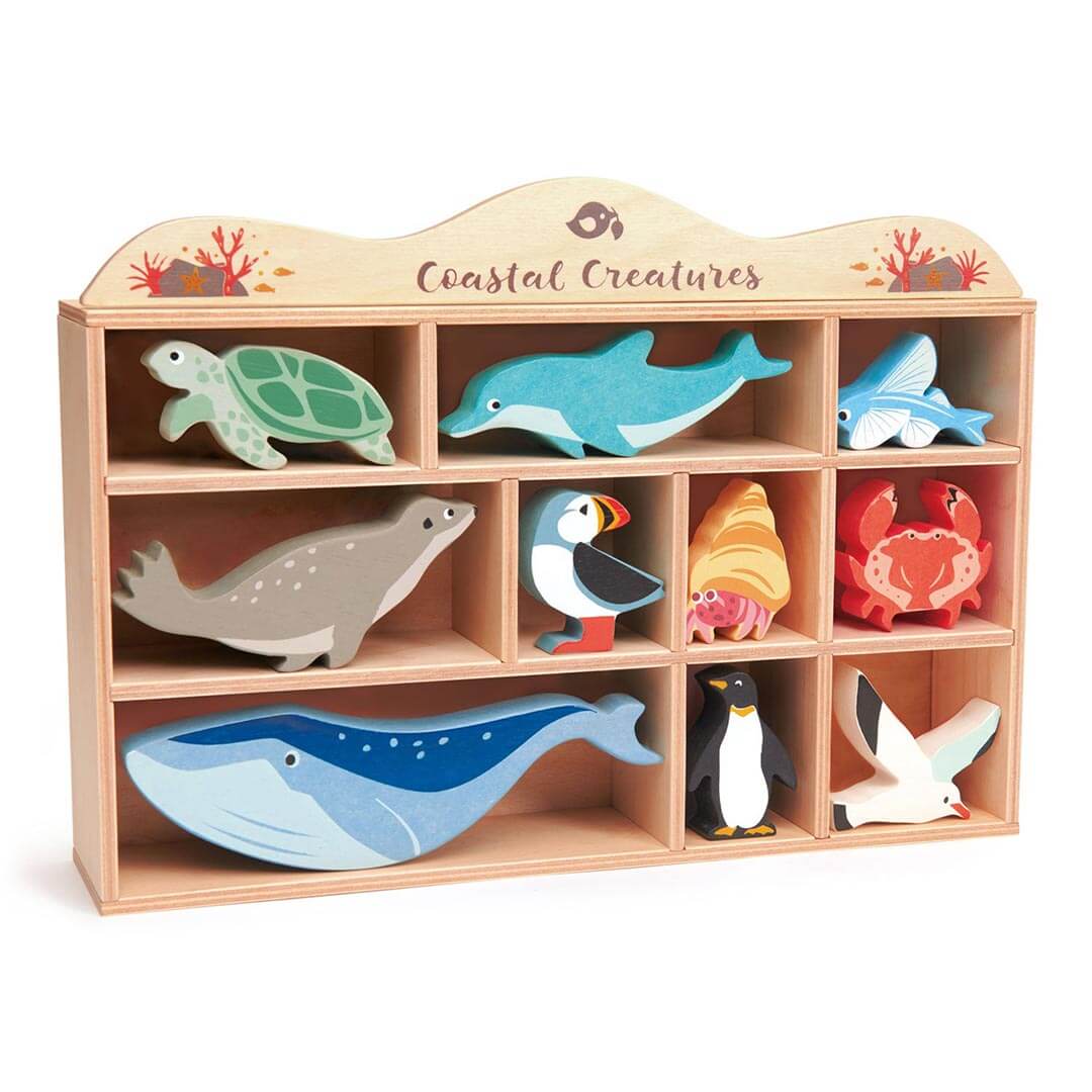 Wooden Coastal Animal Figures and Display Case