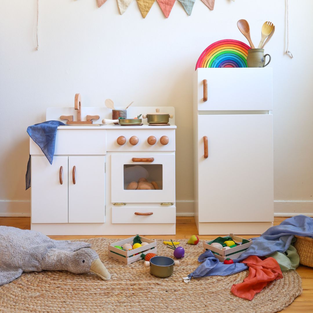 White Classic Wooden Kitchen and Refrigerator Bundle